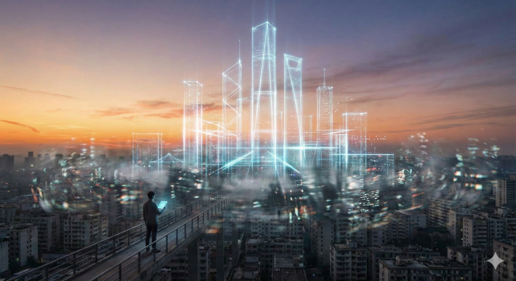 A minimalist skyline silhouette under construction at sunrise, cranes as shapes, calm palette